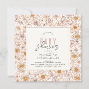 Retro Groovy Pink Floral Girl Baby Shower Invitation