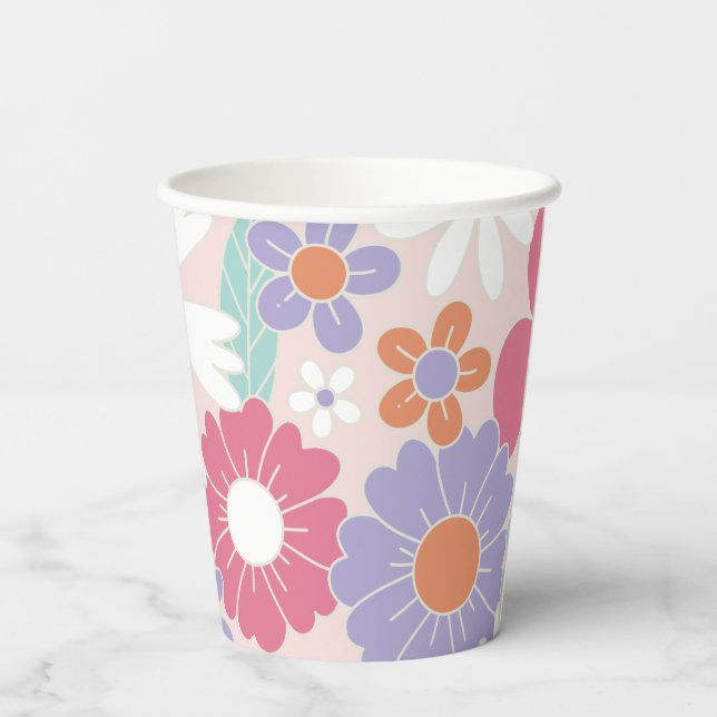 Retro Groovy Pink Floral Paper Plates Paper Cups (Back)