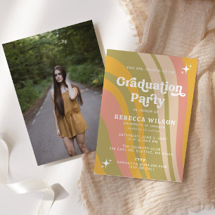 Retro Groovy Pink Green 70s Graduation Party Photo Invitation