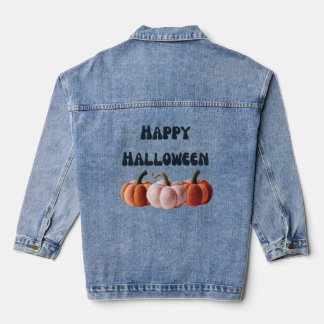 Retro Groovy Pink & Orange Felt Pumpkins Halloween Denim Jacket