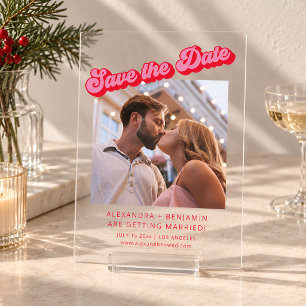 Retro Groovy Pink Red Photo Acrylic Save the Date  Invitations
