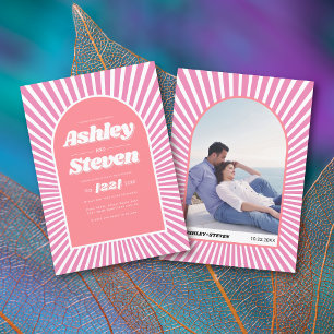 Retro groovy pink sunrays 70s inspired wedding invitation