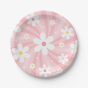 Retro Groovy Pink Sunshine Daisy Floral Hippie Paper Plate