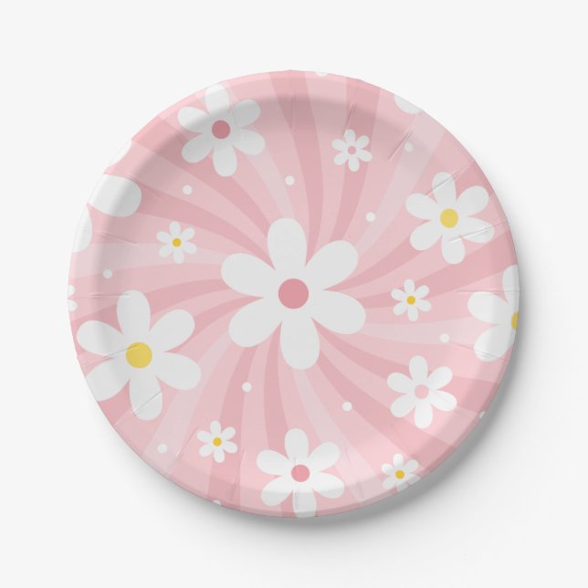 Retro Groovy Pink Sunshine Daisy Floral Hippie Paper Plate (Front)