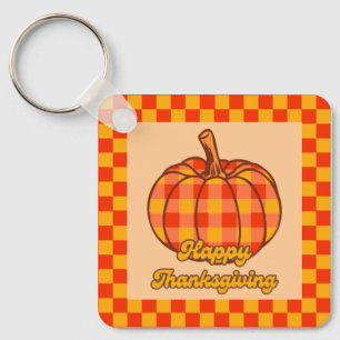 Retro Groovy Plaid Pumpkin Checkered Thanksgiving Key Ring