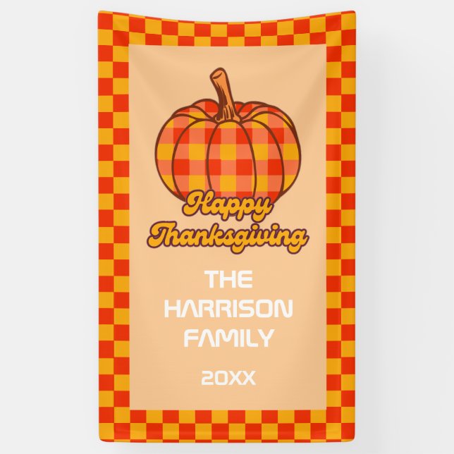 Retro Groovy Plaid Pumpkin Chequered Thanksgiving Banner (Vertical)