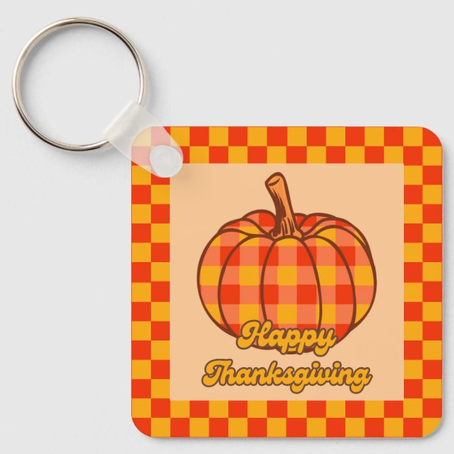 Retro Groovy Plaid Pumpkin Chequered Thanksgiving Key Ring (Front)
