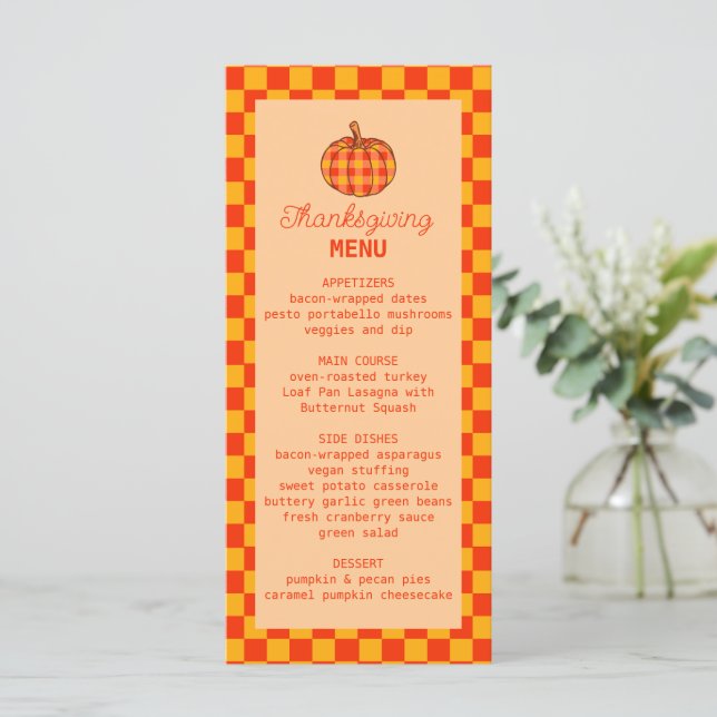 Retro Groovy Plaid Pumpkin Chequered Thanksgiving Menu (Standing Front)