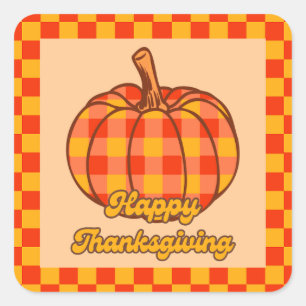 Retro Groovy Plaid Pumpkin Chequered Thanksgiving Square Sticker