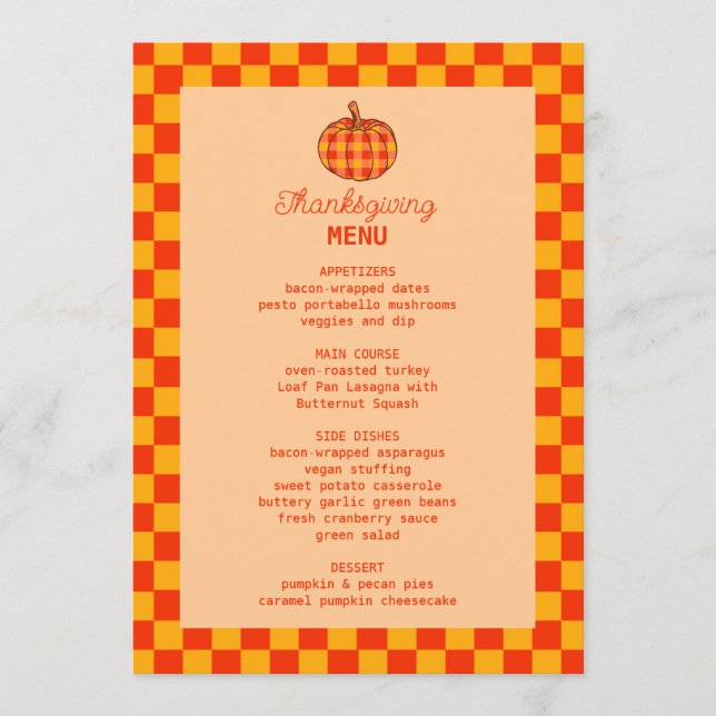 Retro Groovy Plaid Pumpkin Thanksgiving Dinner Menu (Front)