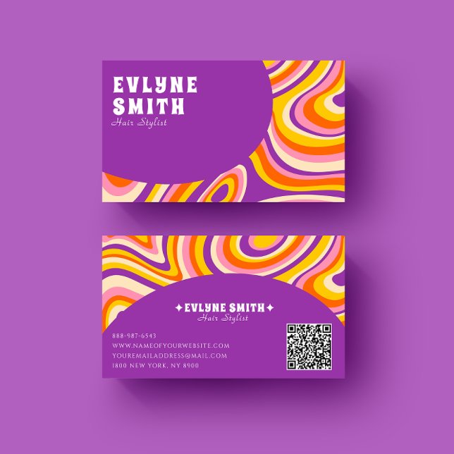 Retro Groovy Purple QR Code 70s Psychedelic Unique Business Card (Creator Uploaded)