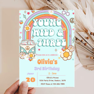Retro Groovy Rainbow 3rd Birthday Invitation