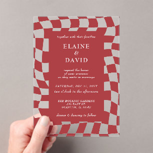 Retro Groovy Red Checkerboard Wedding Acrylic Invitations