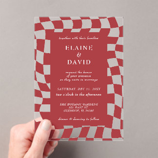 Retro Groovy Red Chequerboard Wedding Acrylic Invitations