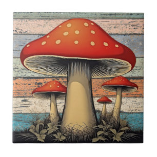 Retro Groovy Red Mushroom Rustic Wood Tile