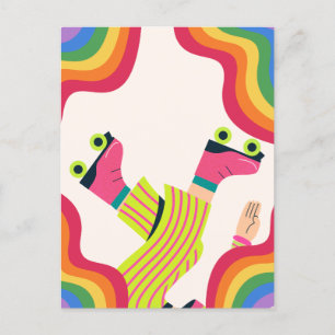 Retro groovy roller skate collorful fun  postcard