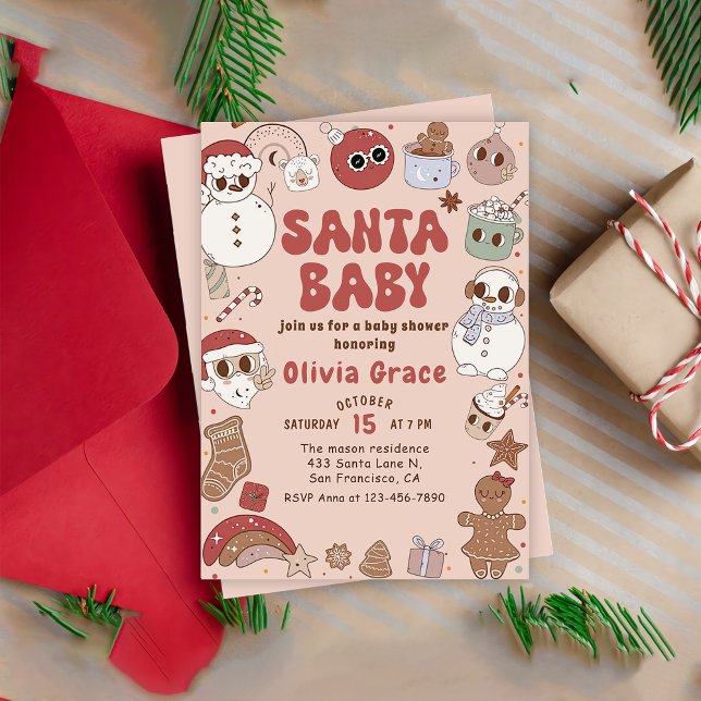 Retro Groovy Santa Baby Christmas Baby Shower Invitation (Creator Uploaded)