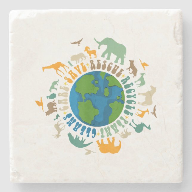 Retro Groovy Save Bees Rescue Animals Recycle Fun  Stone Coaster (Front)