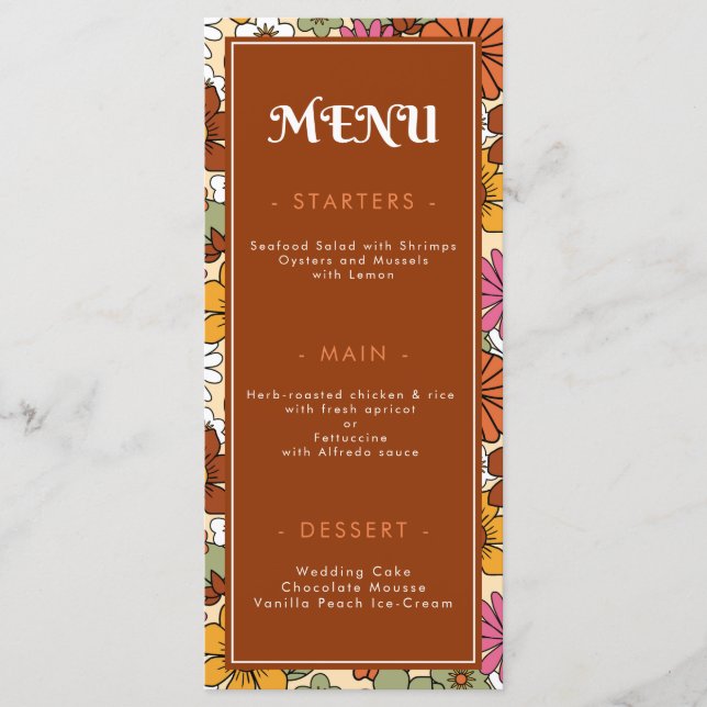 Retro Groovy Seventies Daisy Floral Hippie Wedding Menu (Front)