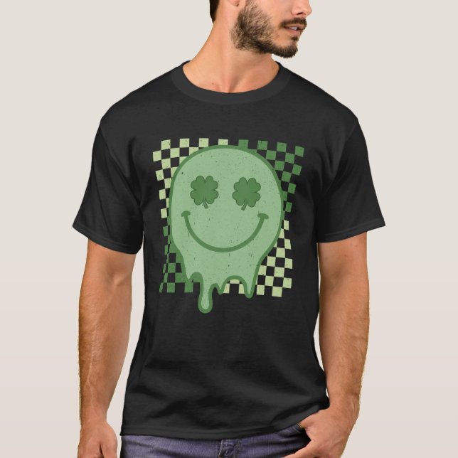 Retro Groovy Shamrock Smile Face St Patricks Day H T-Shirt (Front)