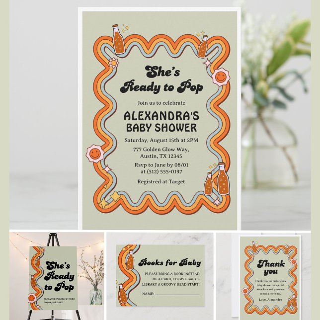 Retro Groovy Shes Ready to Pop Sage Green Invitation (Creator Uploaded)