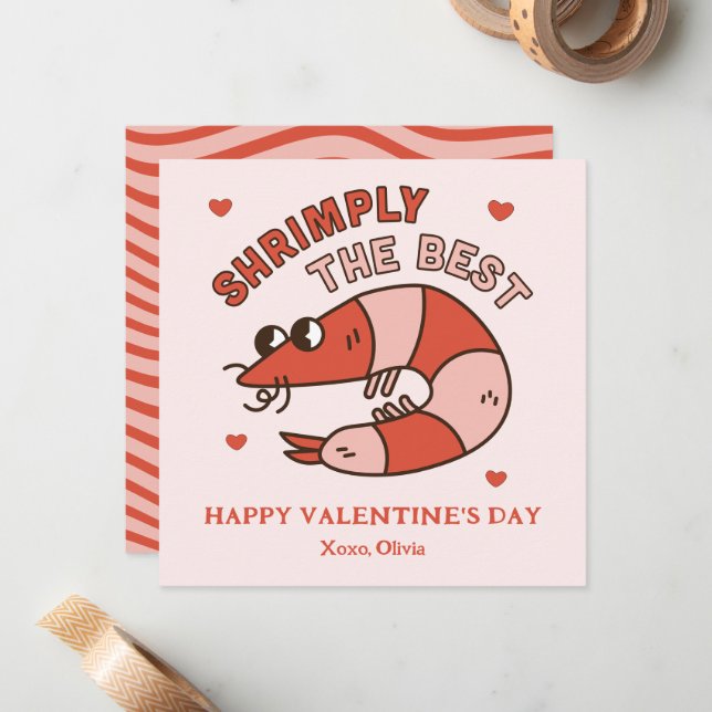 Retro Groovy Shrimply The Best kids Valentine's Card (Front/Back In Situ)