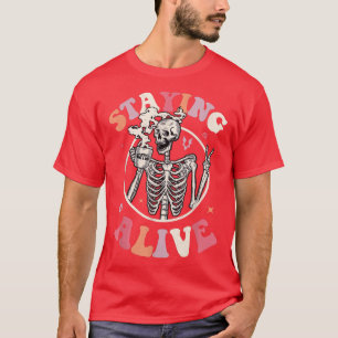 Retro Groovy Skeleton Staying Alive Coffee Hallowe T-Shirt
