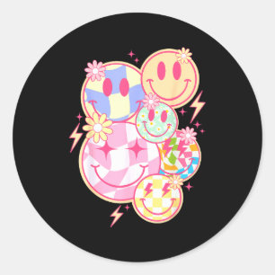 Retro Groovy Smile Face Flower Happy Face Checkere Classic Round Sticker