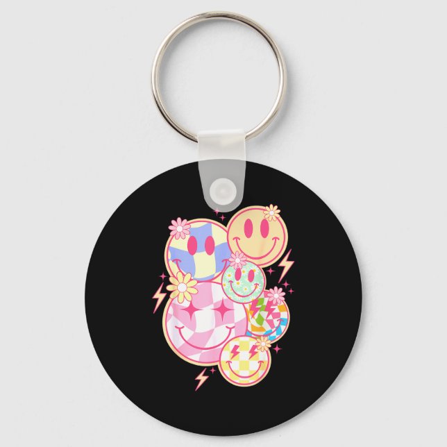 Retro Groovy Smile Face Flower Happy Face Checkere Key Ring (Front)