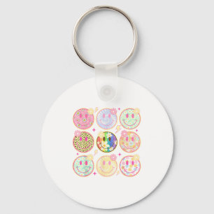 Retro Groovy Smile Face Flower Happy Face Checkere Key Ring