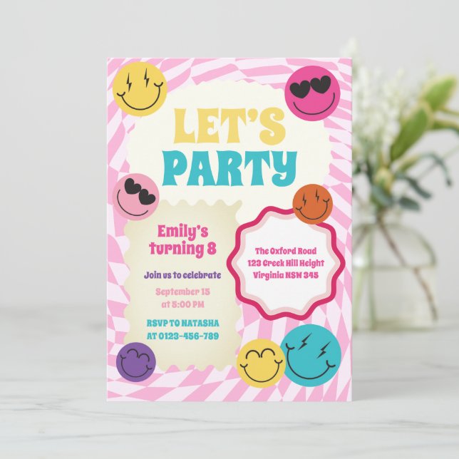 Retro Groovy Smiles Colourful Birthday Invitation (Standing Front)