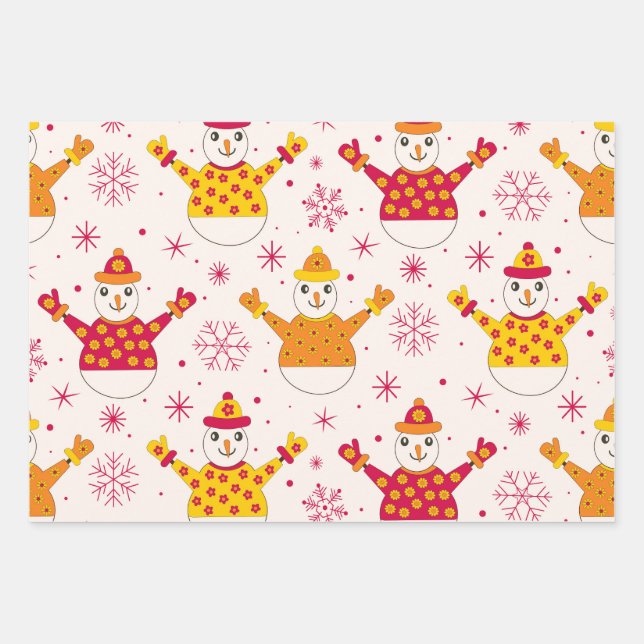 Retro Groovy Snowmen Pattern Christmas  Wrapping Paper Sheet (Front 2)