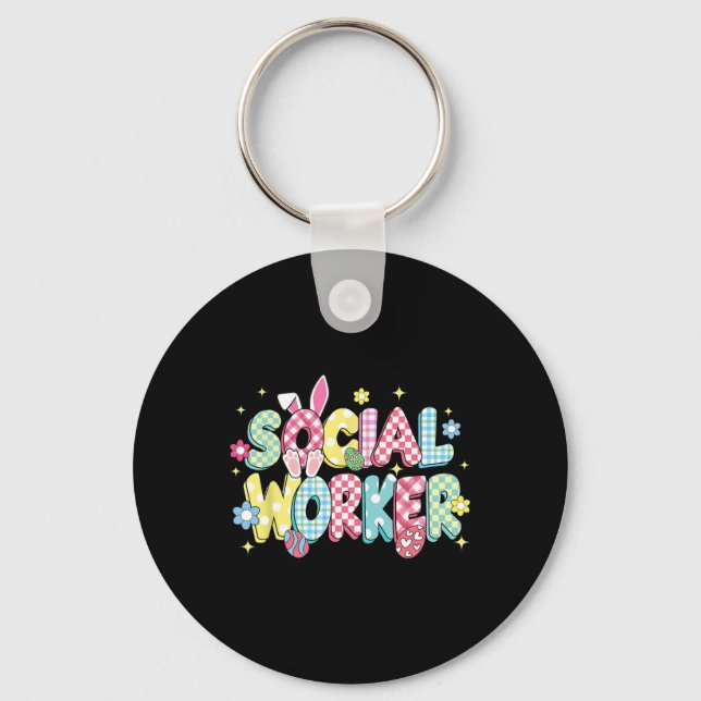 Retro Groovy Social Worker Bunny Ear Funny Easter  Key Ring (Front)