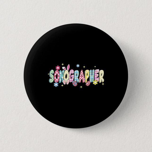 Retro Groovy Sonographer Bunny Ear Funny Easter Gi 6 Cm Round Badge (Front)