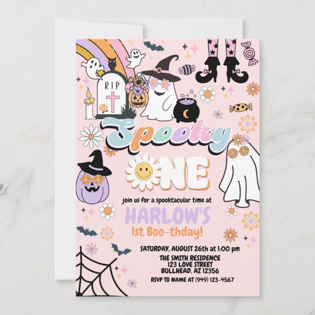 Retro Groovy Spooky One Halloween 1st Birthday Invitation (Front)