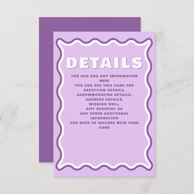 Retro Groovy Squiggle Wavy Curve Purple Wedding  Enclosure Card (Front/Back)