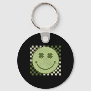 Retro Groovy St Patricks Day Smile Face Shamrock  Key Ring