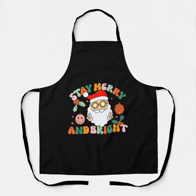 Retro Groovy Stay Merry & Bright Christmas Cute Apron (Front)