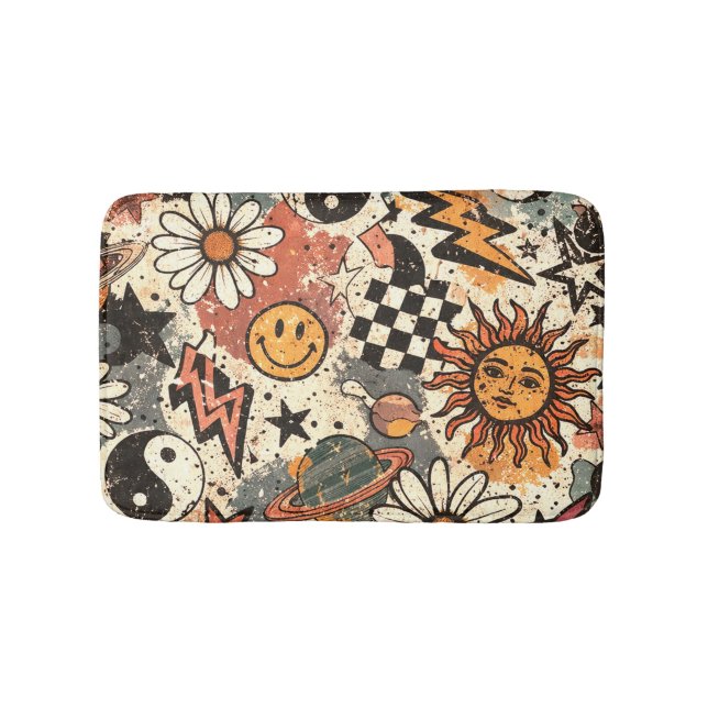 Retro Groovy Sticker Collage Pattern Smiley Face Bath Mat (Front)