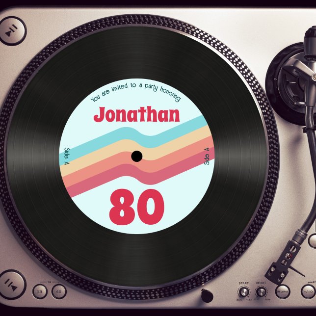 Retro Groovy Stripes 80th Birthday Music Record  Invitation (Creator Uploaded)