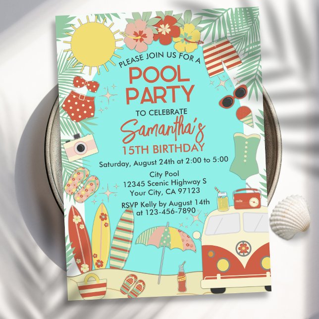 Retro Groovy Stylish Beach or Pool Birthday Party Invitation (Creator Uploaded)