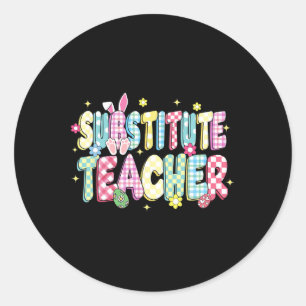 Retro Groovy Substitute Teacher Bunny Ear Easter Classic Round Sticker