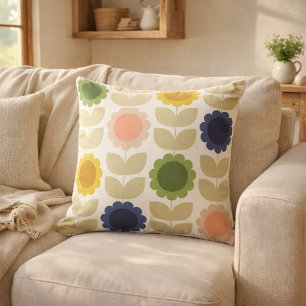 Retro Groovy Summer Flowers Stems Cushion