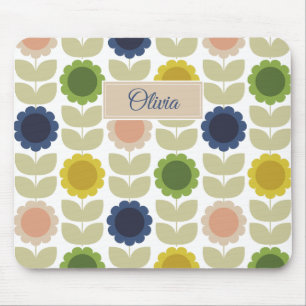 Retro Groovy Summer Flowers Stems Mouse Mat