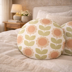 Retro Groovy Summer Flowers Stems Round Cushion