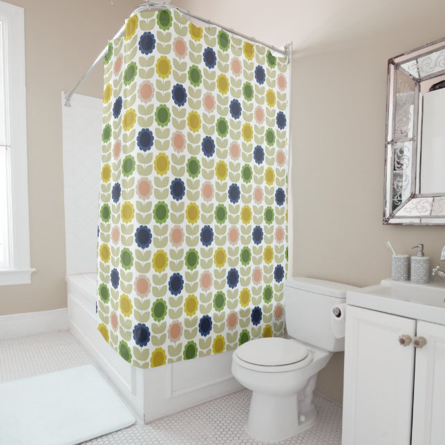 Retro Groovy Summer Flowers Stems Shower Curtain (In Situ)