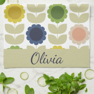 Retro Groovy Summer Flowers Stems Tea Towel