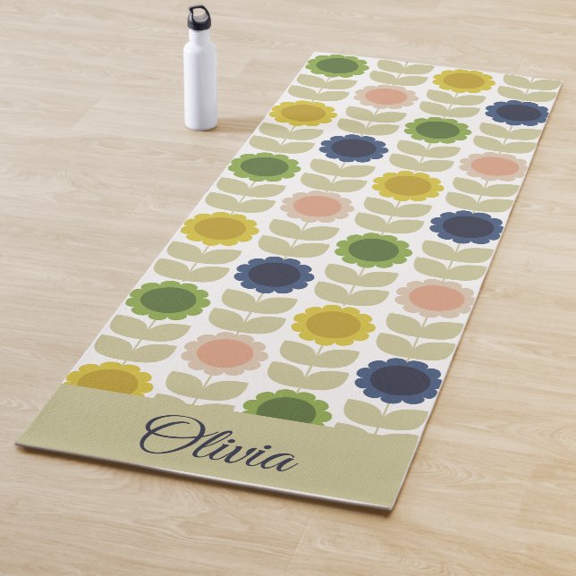 Retro Groovy Summer Flowers Stems Yoga Mat (In Situ)