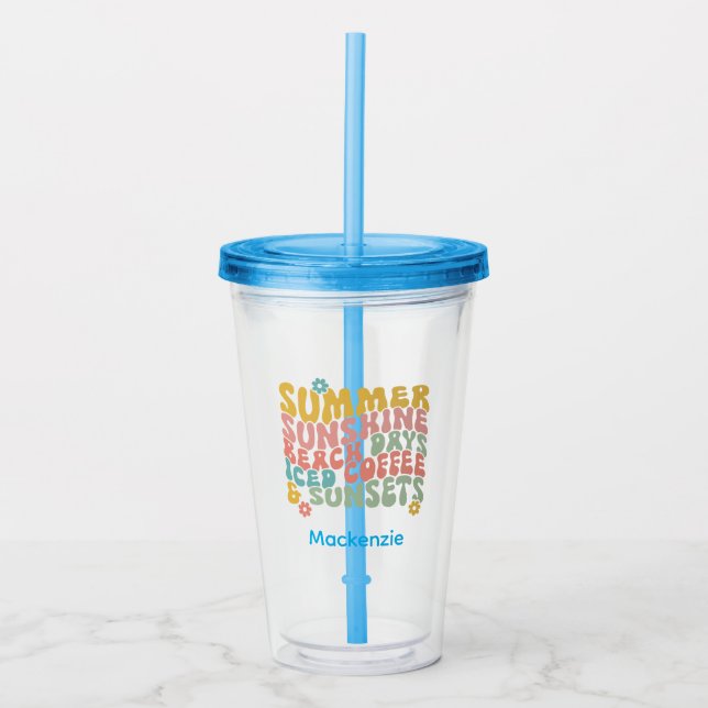 Retro Groovy Summer Pink Monogram Name  Acrylic Tumbler (Front)