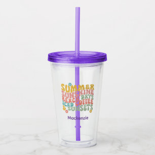 Retro Groovy Summer Pink Monogram Name  Acrylic Tumbler